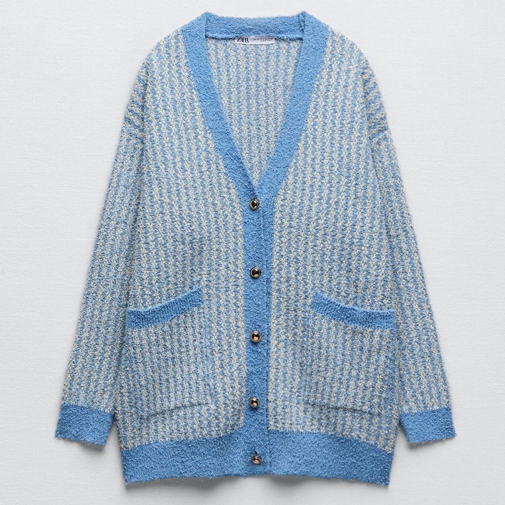 Zara Blue White Cardigan Sweater with Gold Buttons